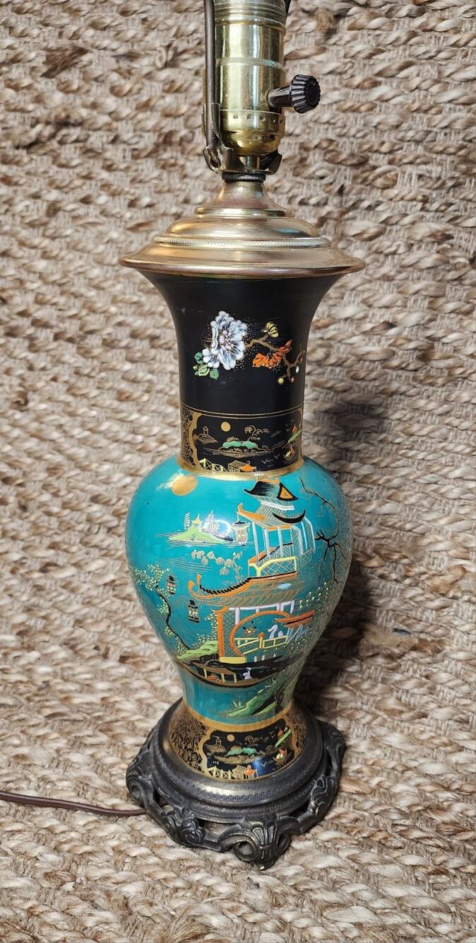 Vintage Carlton Ware Vase Lamp Teal Ceramic Brass Gold Black Asian Collectible
